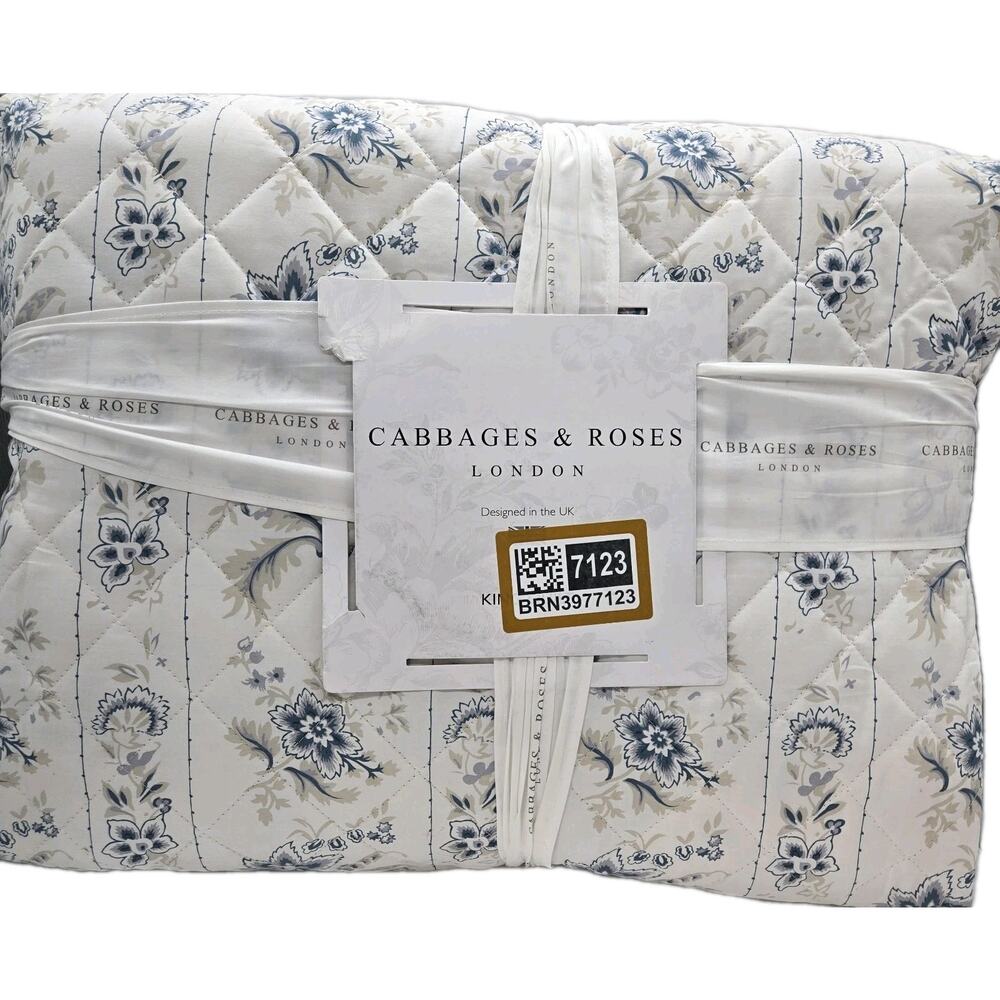 Cabbages & Roses KING Quilt India Rose Grey Blue White Floral Embroidered Cottag